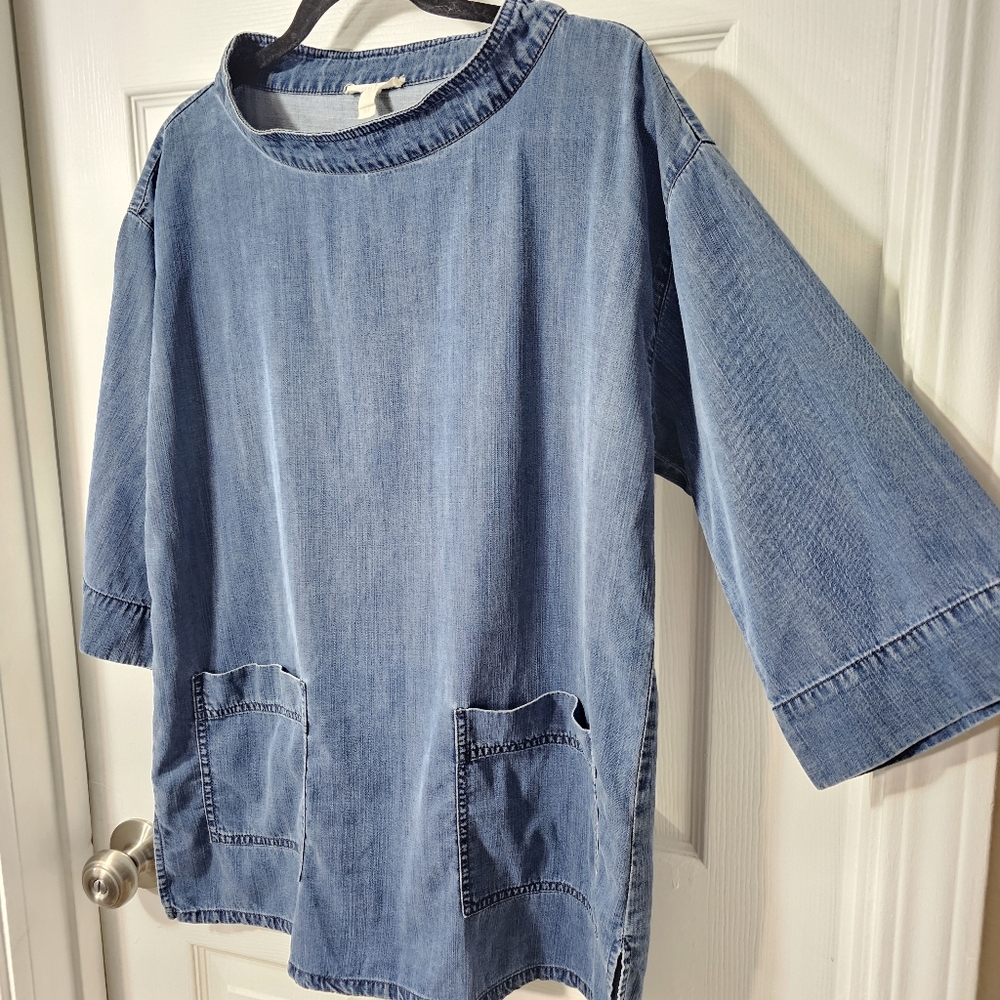 EILEEN FISHER Size Small Blue Boatneck Denim 3/4 Sleeve Top With Pockets - Picture 5 of 16